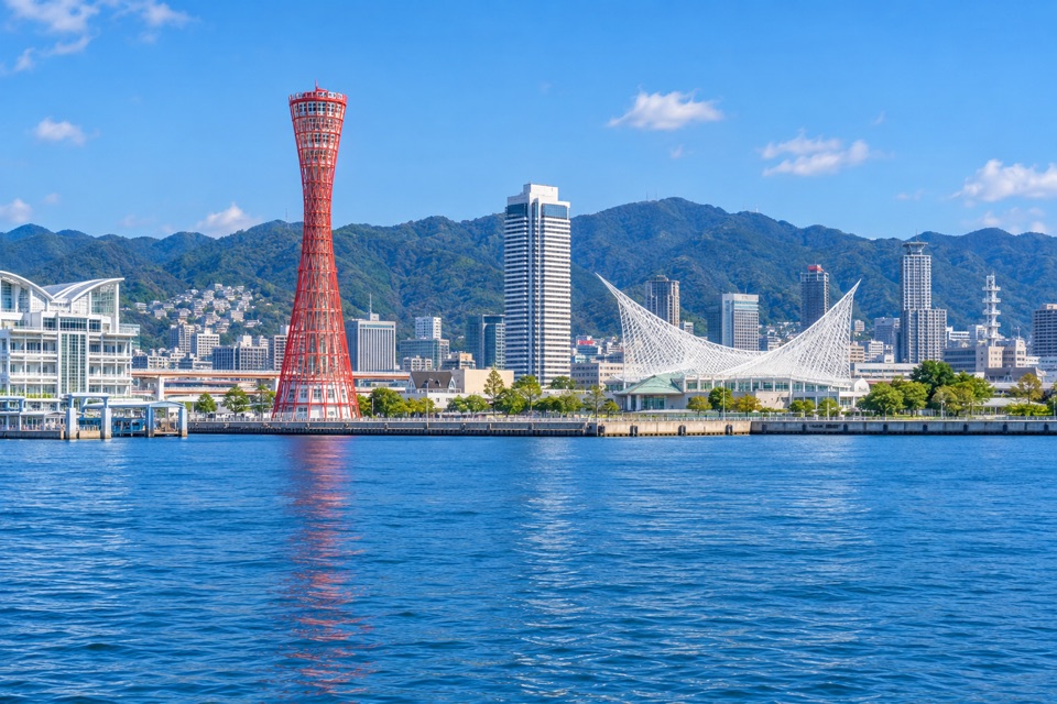 Illustrative view of Kobe harbor with Kobe Port Tower and the Maritime Museum